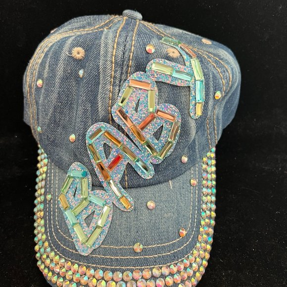 BABY Jeweled Studs Denim Baseball Cap Womens Hat Blue Cindy Claire Tag Adjustabl - Picture 1 of 10